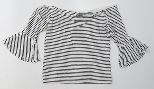 Topshop Womens White Striped Cotton Basic T-Shirt Size 10 Off the Shoulder