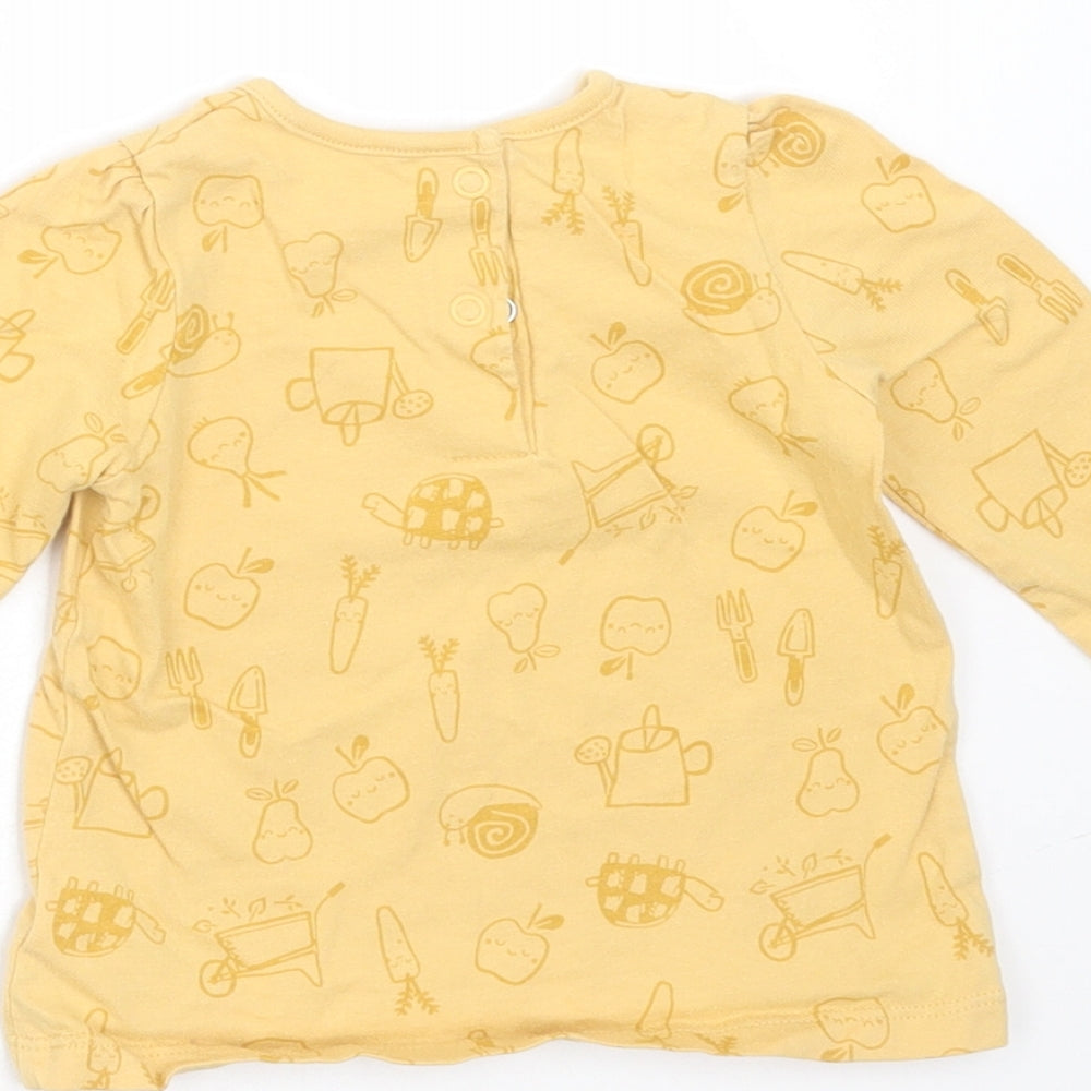 George Girls Yellow Cotton Basic T-Shirt Size 6-9 Months Round Neck - apple, snail