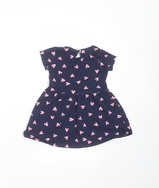 Mothercare Girls Blue Cotton T-Shirt Dress Size 9-12 Months Round Neck - Heart pattern