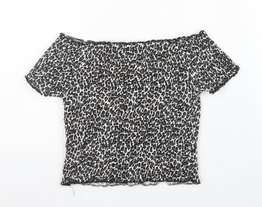 Primark Girls Beige Animal Print Polyester Cropped Blouse Size 9-10 Years Off the Shoulder - Leopard print