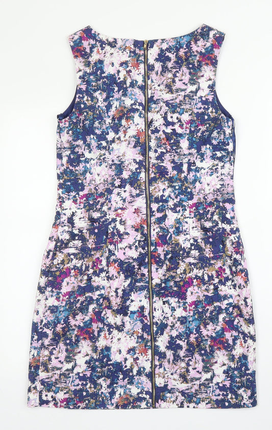 New Look Womens Purple Floral Cotton A-Line Size 10 Round Neck Zip