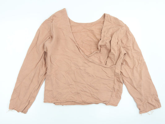 Zara Womens Brown Cotton Wrap T-Shirt Size S Off the Shoulder - Plunge back