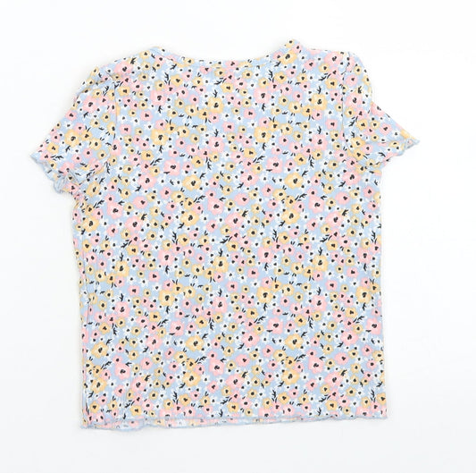 Primark Girls Blue Floral Polyester Basic T-Shirt Size 3-4 Years Crew Neck - Lettuce Edging
