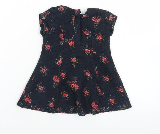 Primark Girls Blue Floral Polyester Fit & Flare Size 3-6 Months Crew Neck Button