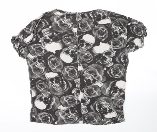 Style Plus Womens Grey Floral Viscose Basic T-Shirt Size L V-Neck - Skulls