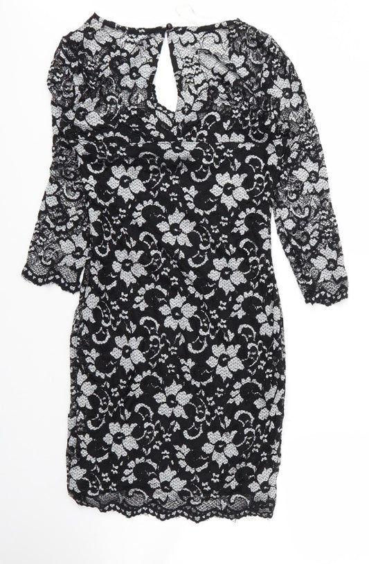 Lipsy Womens Black Floral Viscose Shift Size 12 V-Neck Button