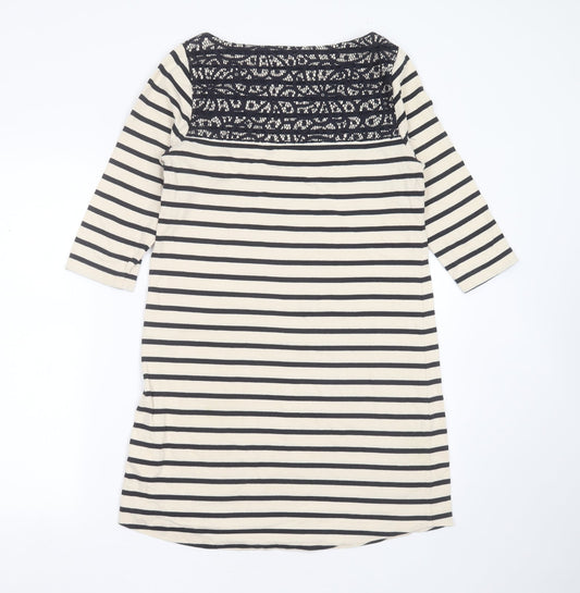 Dickins & Jones Womens Beige Striped Cotton T-Shirt Dress Size 10 Round Neck - Lace detail