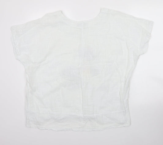 New Collection Womens White Floral Cotton Basic Blouse Size M Round Neck