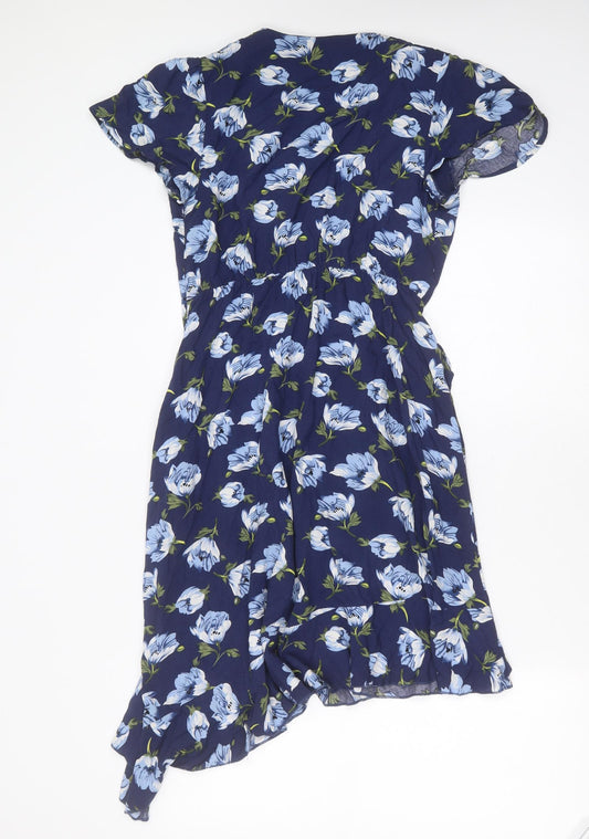 Louche Womens Blue Floral Viscose Sheath Size 8 V-Neck