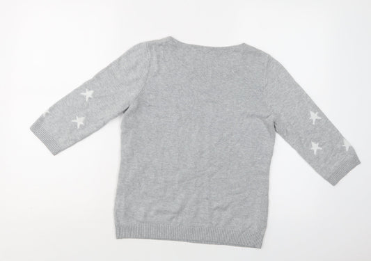 BHS Womens Grey Crew Neck Geometric Cotton Pullover Jumper Size 10 - Star Print