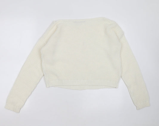 Boohoo Womens Ivory Round Neck Acrylic Pullover Jumper Size S