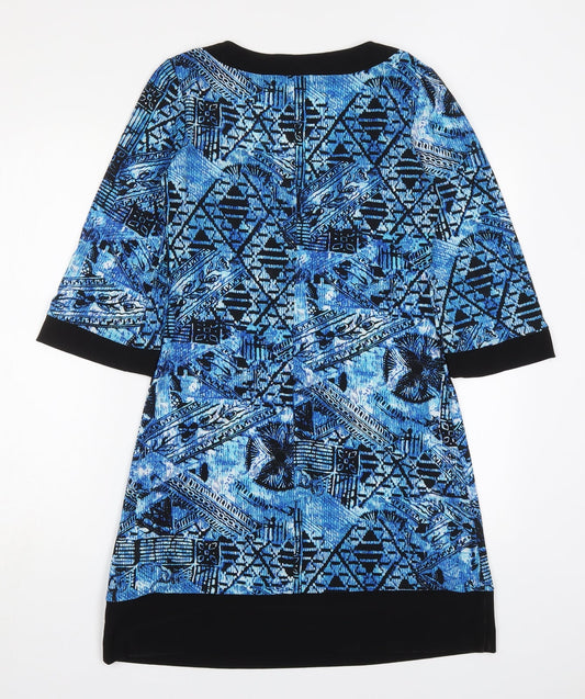 Tiana B Womens Blue Geometric Polyester A-Line Size S Round Neck Pullover