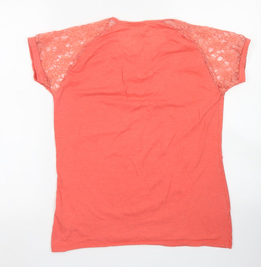 Beyou Womens Orange Cotton Basic T-Shirt Size 12 Crew Neck - Lace Sleeve
