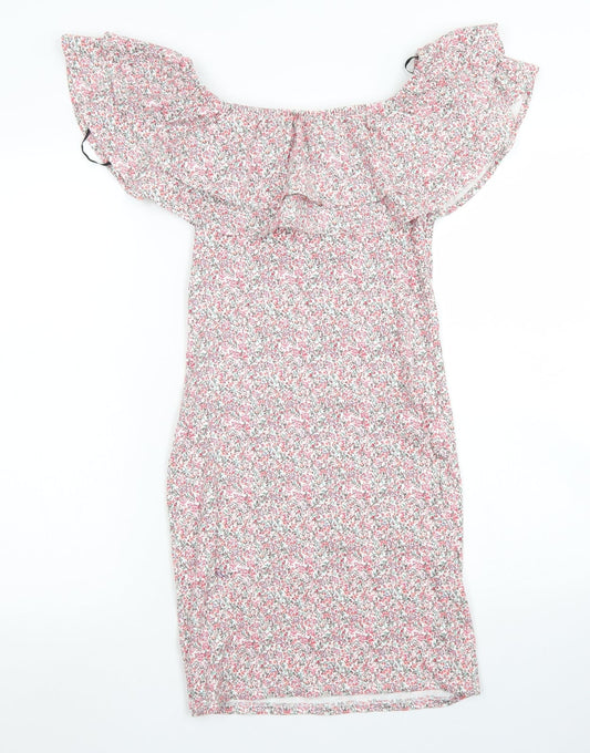H&M Womens Pink Floral Cotton Bodycon Size XS Off the Shoulder
