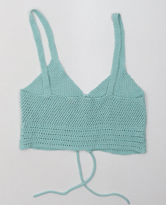 PRETTYLITTLETHING Womens Blue Cotton Cropped Tank Size M V-Neck