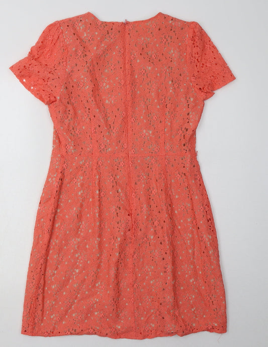 Oasis Womens Pink Floral Cotton A-Line Size 12 Crew Neck Zip