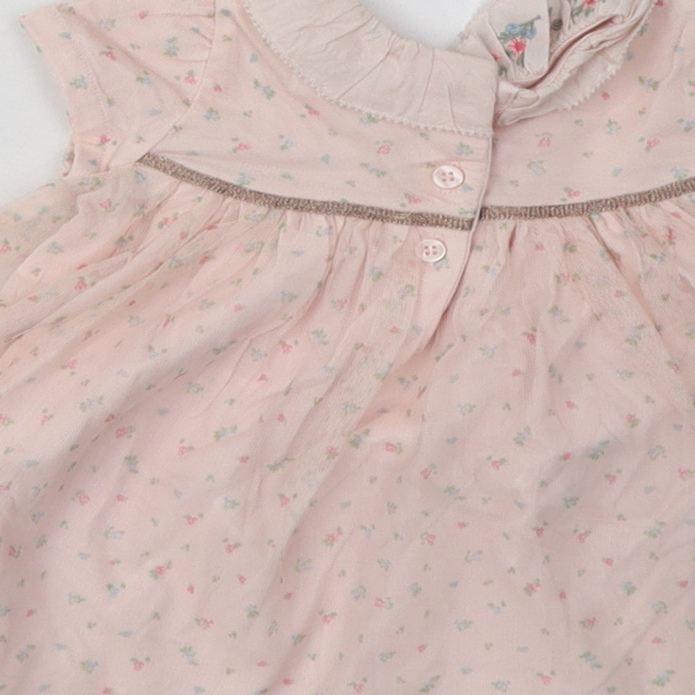 ext Girls Pink Floral Cotton A-Line Size 3-6 Months Crew Neck Button