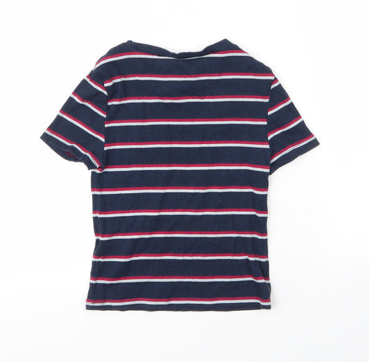 H&M Womens Blue Striped Cotton Basic T-Shirt Size S Round Neck