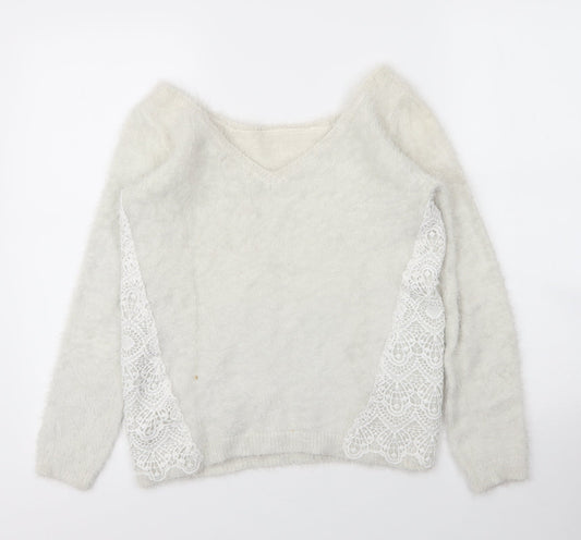 Cache Cache Womens White Boat Neck Acrylic Pullover Jumper Size M