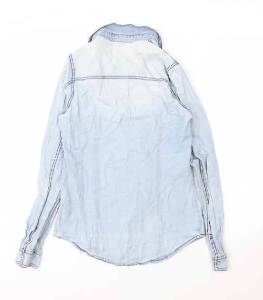 Pimkie Womens Blue Cotton Basic Blouse Size S Collared - Pearls