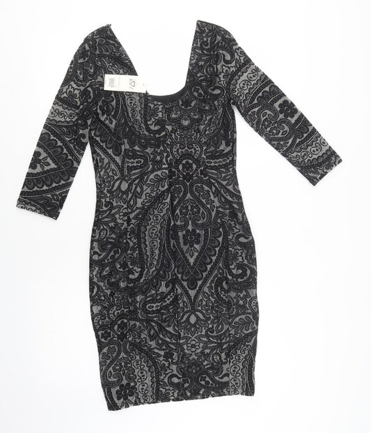 Miss Selfridge Womens Black Floral Polyamide Bodycon Size 10 Scoop Neck - Lace Overlay