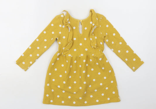 Primark Girls Yellow Polka Dot Cotton Fit & Flare Size 2-3 Years Crew Neck