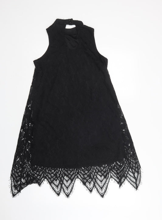 Love Fire Womens Black Nylon Shift Size XS Mock Neck Button - Lace Overlay
