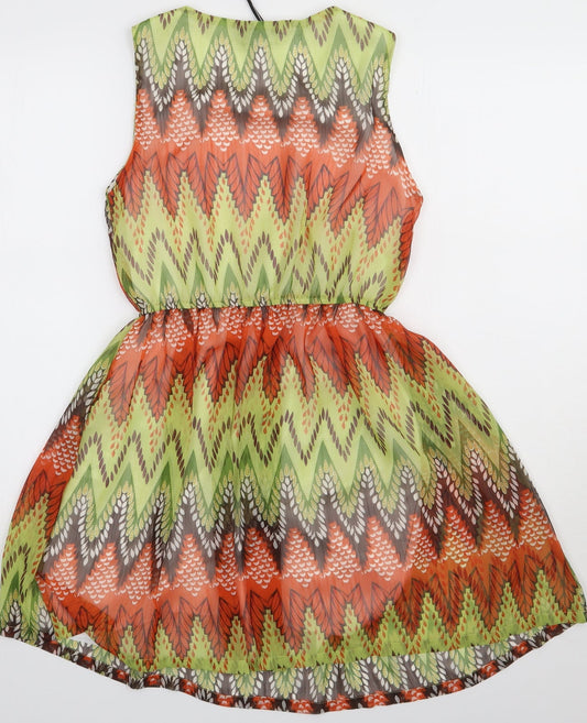 Soda Womens Green Geometric Polyester A-Line Size 10 Crew Neck Pullover