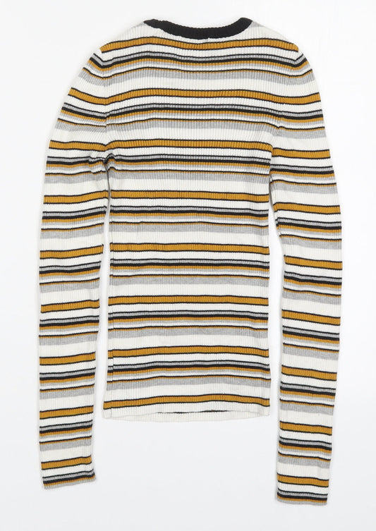 Topshop Womens Yellow Round Neck Striped Acrylic Pullover Jumper Size XS
