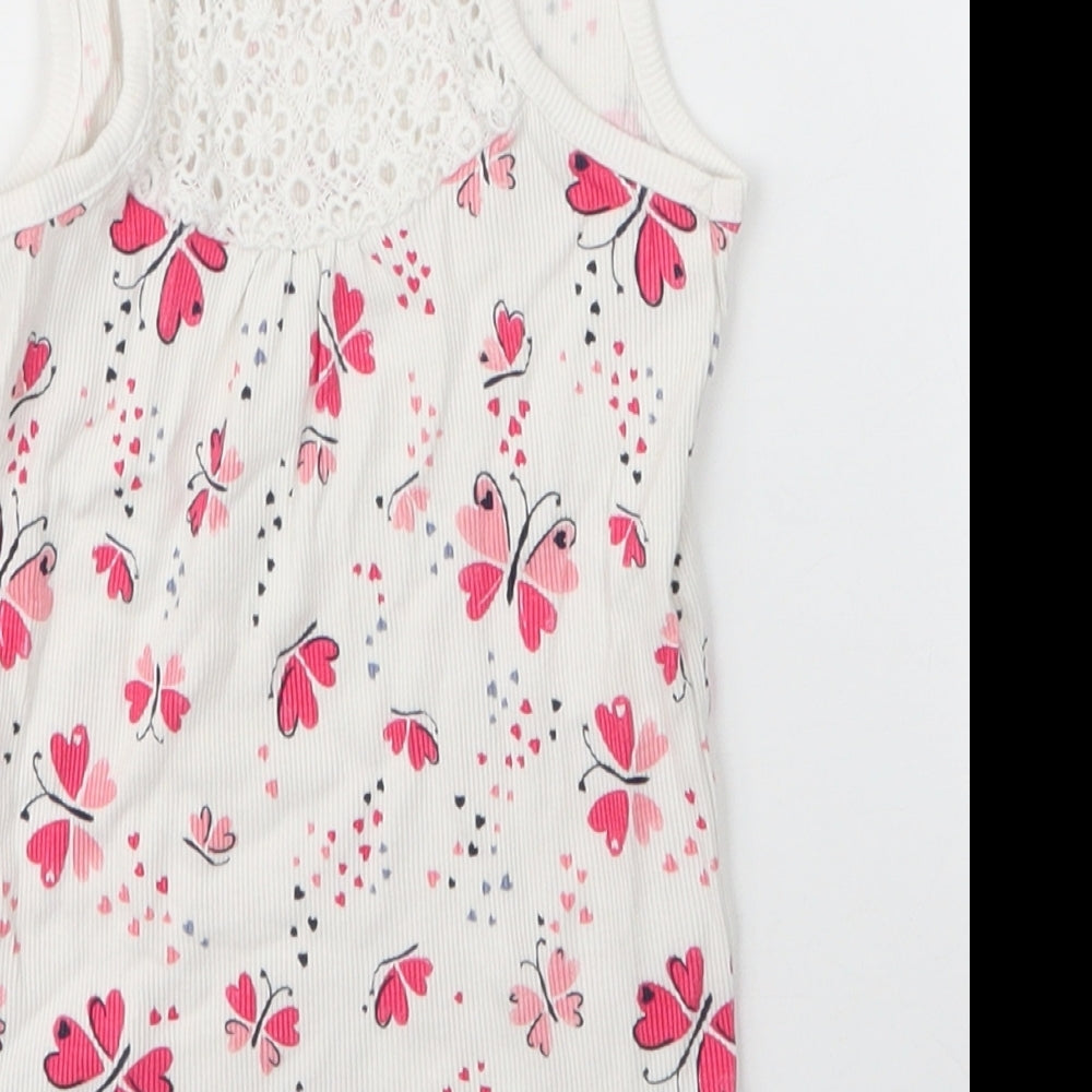 George Girls White Floral Cotton Basic Tank Size 6 Years Round Neck - Butterfly