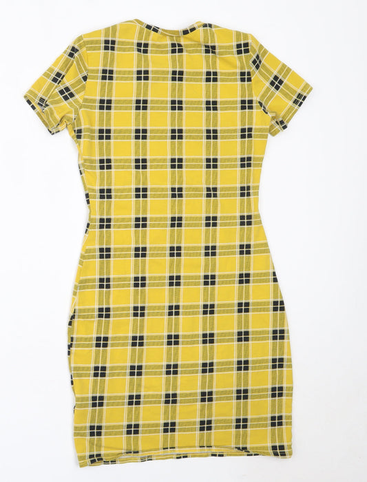 H&M Womens Yellow Check Cotton Bodycon Size XS Round Neck