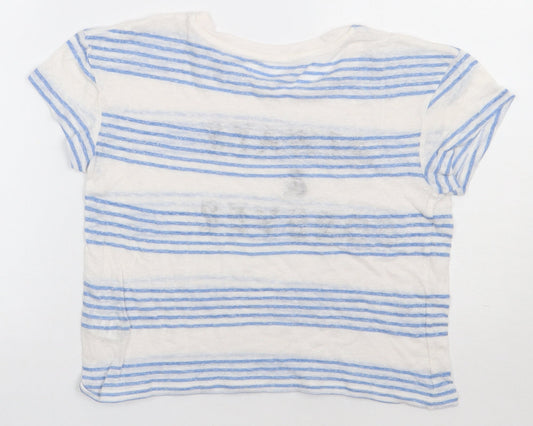 Marks and Spencer Womens Blue Striped Linen Cropped T-Shirt Size 8 Crew Neck - always & forever
