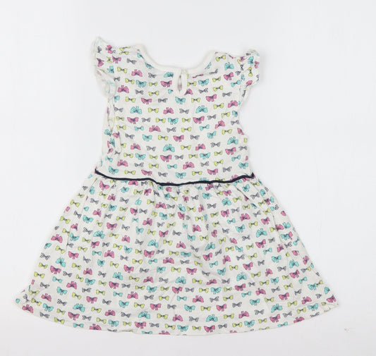 Young Dimension Girls White Geometric Cotton T-Shirt Dress Size 18-24 Months Roll Neck Pullover