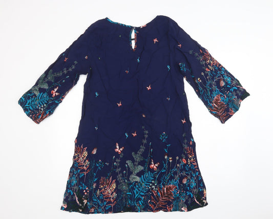 L.B.C. Womens Blue Floral Viscose A-Line Size M Round Neck Button