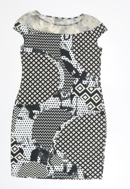 Eroke Womens Black Geometric Polyacrylate Fibre Pencil Dress Size L Round Neck