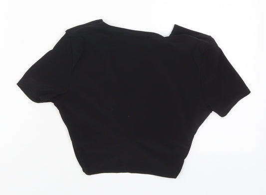 PRETTYLITTLETHING Womens Black Polyester Cropped T-Shirt Size 6 V-Neck