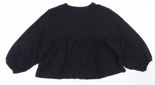 Zara Womens Black Cotton Cropped T-Shirt Size S Crew Neck - Balloon Sleeve