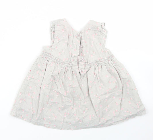 Matalan Girls Grey Floral Cotton Skater Dress Size 6-9 Months Round Neck Button