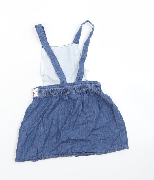 So Cute Girls Blue Cotton Pinafore/Dungaree Dress Size 12-18 Months Square Neck Button - Ladybird Belt