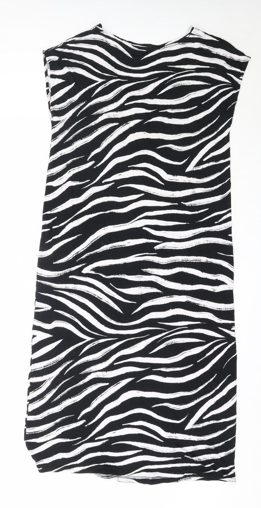 Marks and Spencer Womens Black Animal Print Viscose T-Shirt Dress Size 10 V-Neck