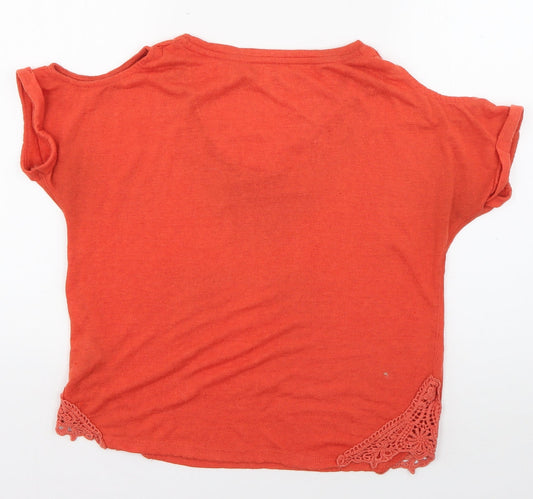 NEXT Womens Orange Polyester Basic T-Shirt Size 8 V-Neck - crochet detail