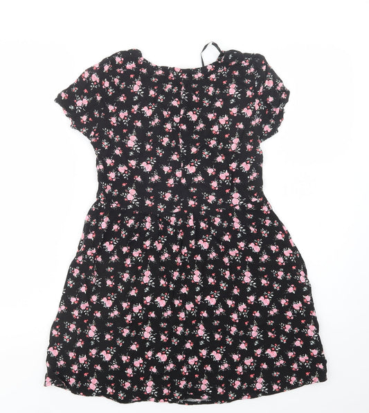 H&M Womens Black Floral Viscose Fit & Flare Size 4 Crew Neck