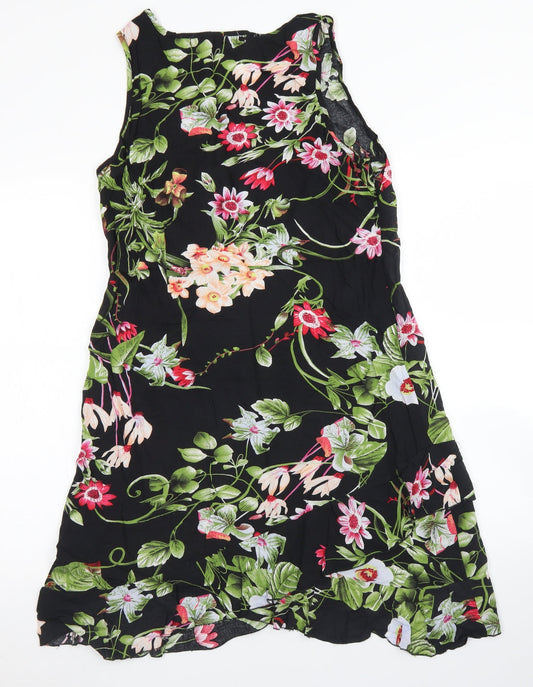 4Me Womens Black Floral Polyester Skater Dress Size XS Round Neck Zip