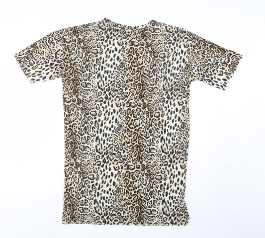 Boohoo Womens Beige Animal Print Polyester T-Shirt Dress Size 8 Crew Neck