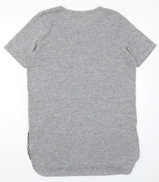 River Island Womens Grey Geometric Viscose Basic T-Shirt Size 10 Round Neck