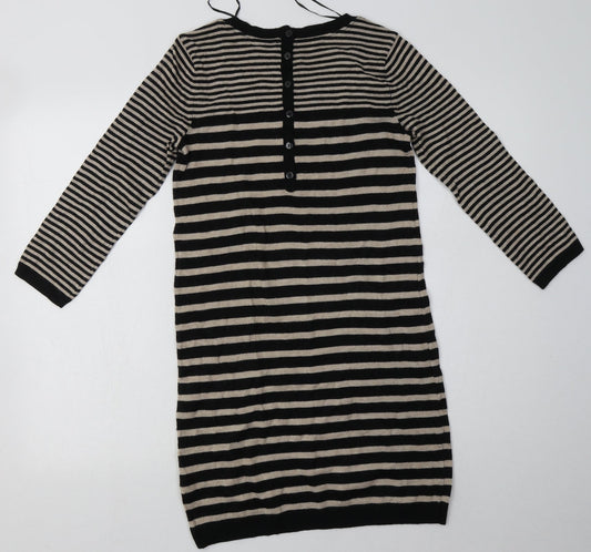 H&M Womens Brown Striped Polyamide Jumper Dress Size XS Crew Neck Button