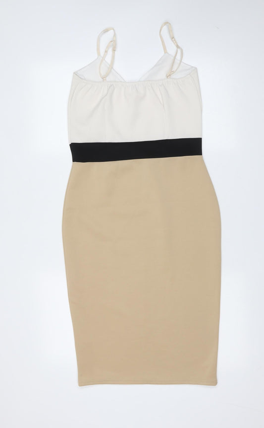 Signature Womens Beige Polyester Pencil Dress Size 12 V-Neck