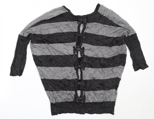 Misumi Womens Black Round Neck Striped Cotton Pullover Jumper Size M