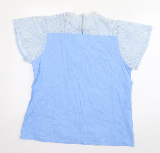 Preworn Womens Blue Cotton Basic Blouse Size XL Round Neck - crochet detail