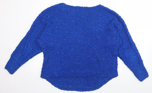 Miss Line Womens Blue Scoop Neck Wool Pullover Jumper Size L